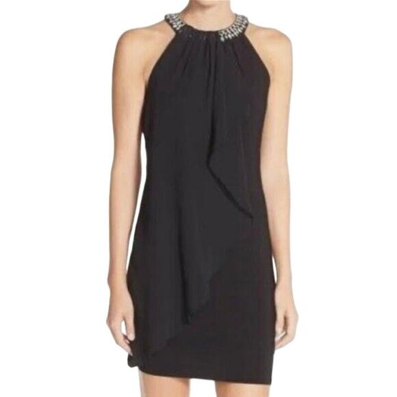 ADRIANNA PAPELL Black Ruffle-Front Rhinestone Bin Mini Cocktail Dress - Sz 12 - Picture 1 of 6